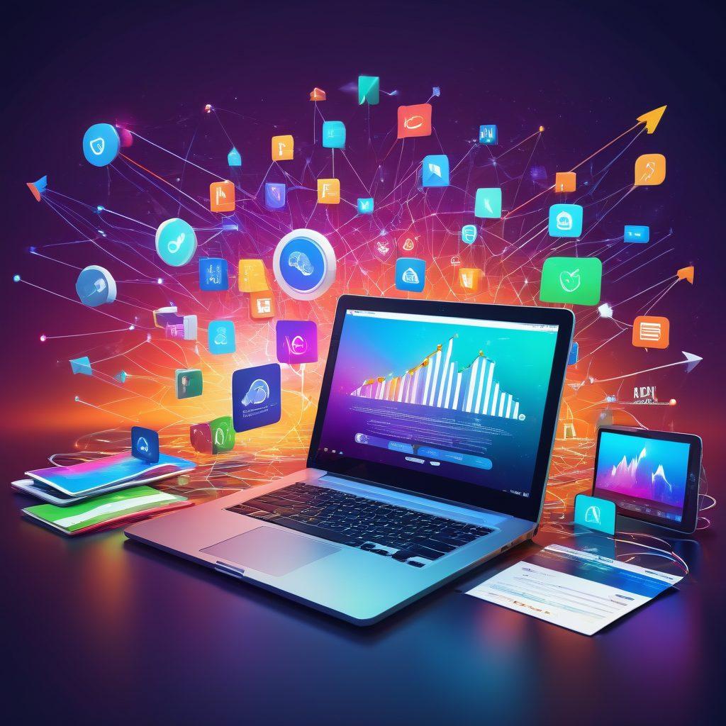 A dynamic digital landscape showing diverse people connected through various devices, immersed in content creation and sharing. Illustrate a burst of colorful, engaging online posts and articles flowing through networks, symbolizing bulk content in action. Include elements of analytics and growth, like charts and upward arrows, to represent maximizing online reach. The atmosphere should be vibrant and energetic, representing the power of digital marketing. super-realistic. vibrant colors. 3D.