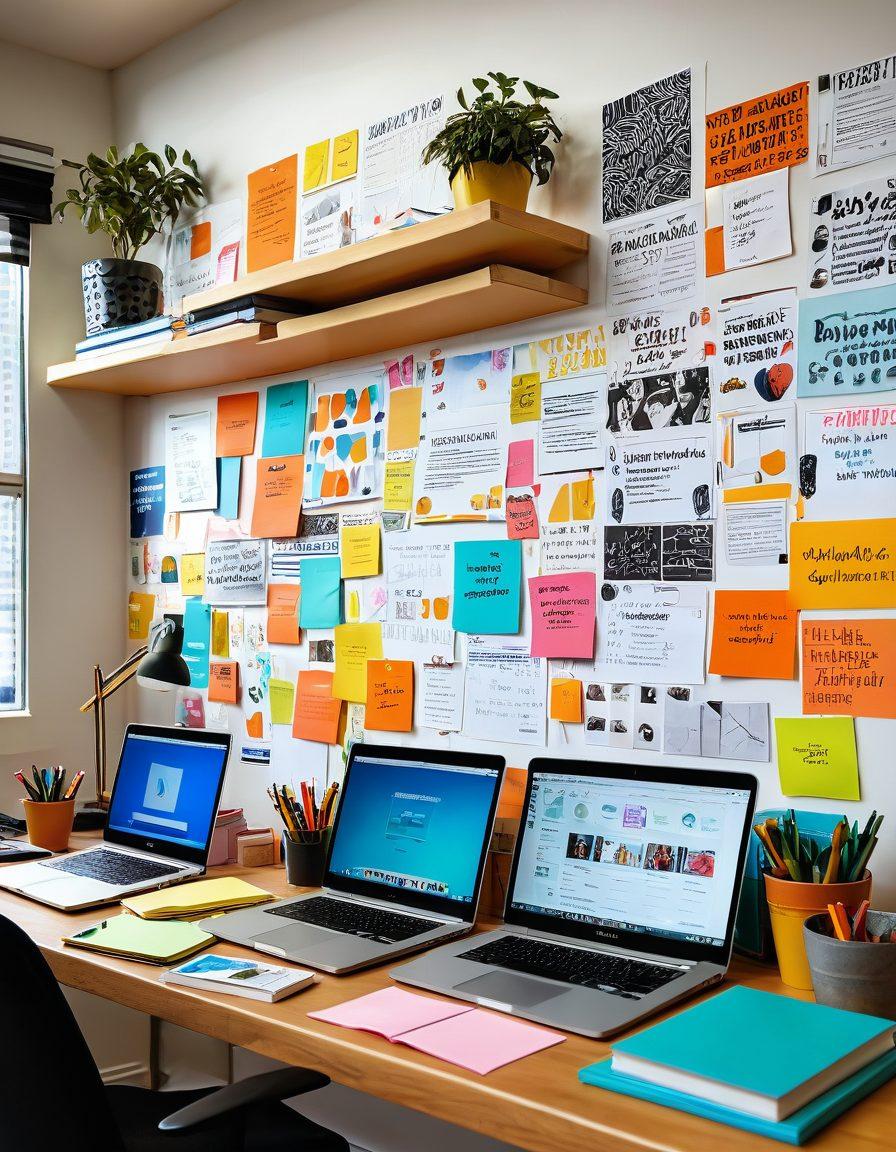 A dynamic workspace featuring a diverse group of bloggers collaboratively creating content on laptops, surrounded by stacks of books, notebooks, and colorful post-it notes. The background showcases vibrant charts and graphs symbolizing growth and engagement. An inspiring quote about creativity hangs on the wall. Bright and welcoming colors, emphasizing productivity and teamwork. super-realistic. vibrant colors. 3D.